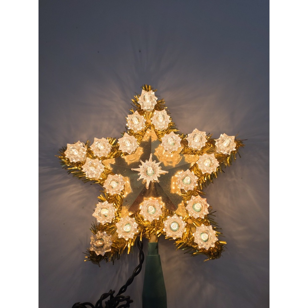 Vintage Small World 10 Lite Star Tree Topper Gold Tinsel ~ White Lights  ~ Works